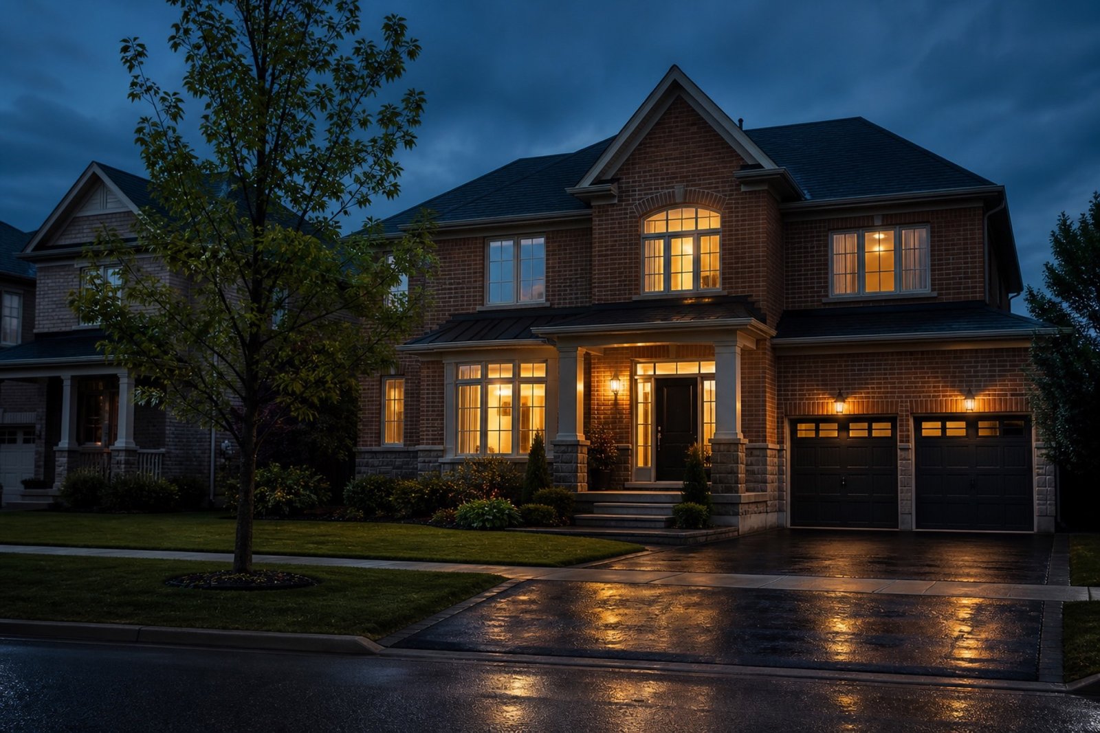 A Greater Toronto Area home at dusk with a manicured front lawn